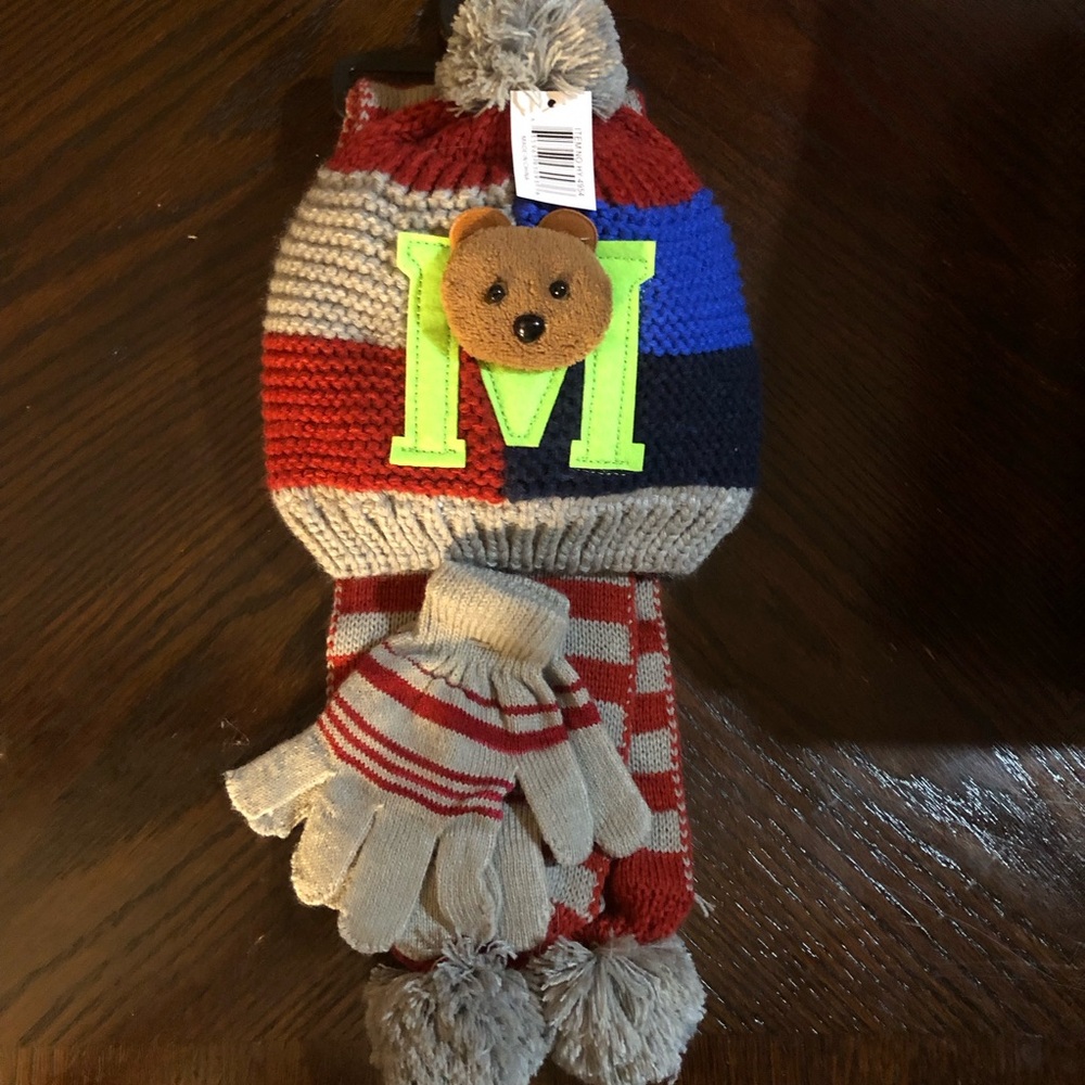 Children 3 piece set Winter Hat gloves and Scarf Set - Red and Gray and blue.